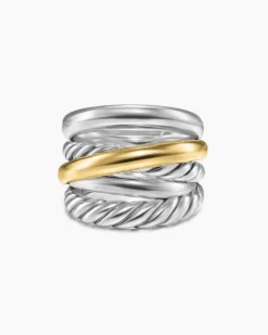 Crossover Five Row Ring Sterling Silver with 14K Yellow Gold, 17.5mm