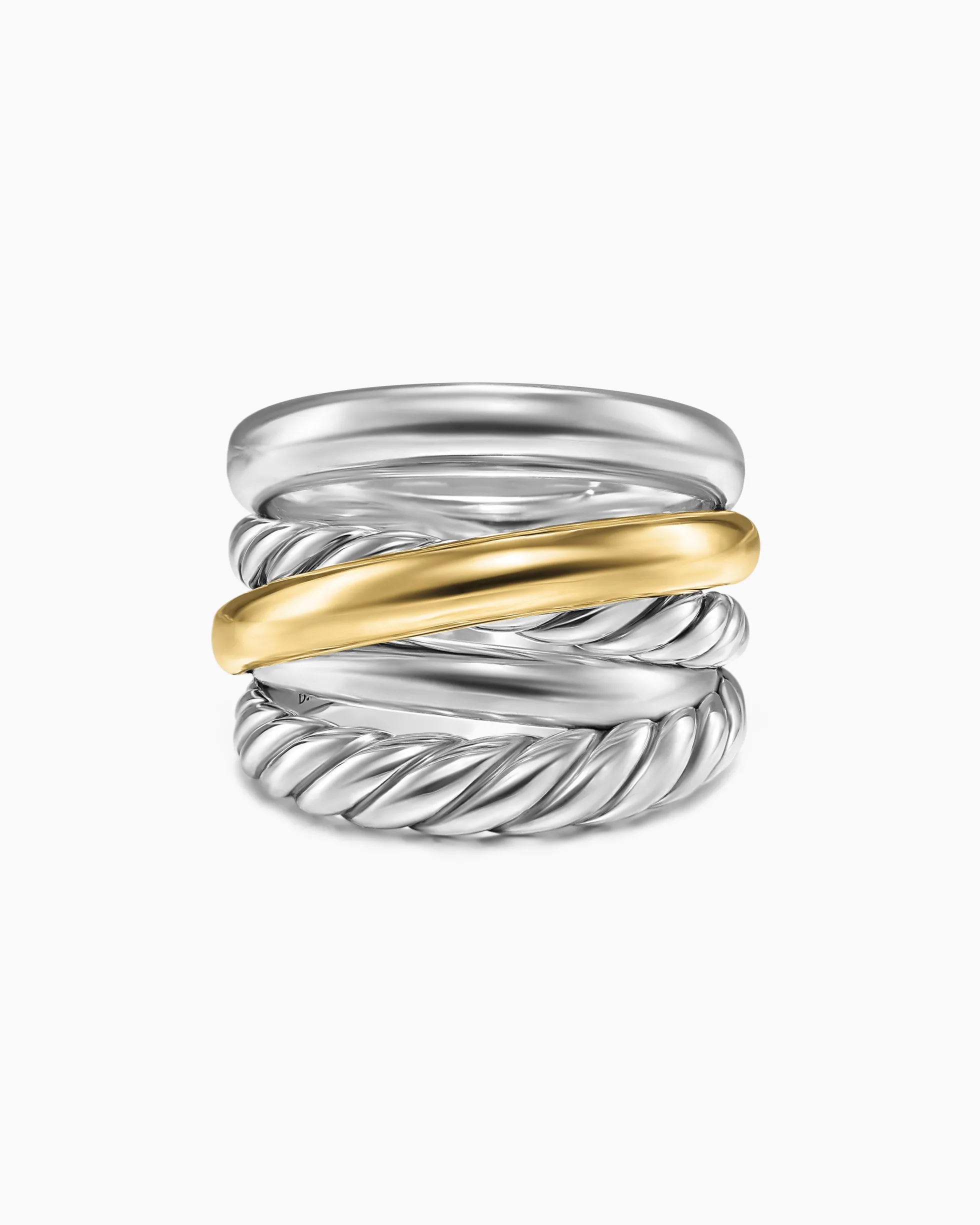 Crossover Five Row Ring Sterling Silver with 14K Yellow Gold, 17.5mm