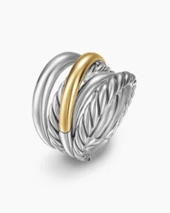 Crossover Five Row Ring Sterling Silver with 14K Yellow Gold, 17.5mm