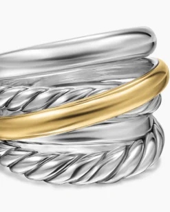 Crossover Five Row Ring Sterling Silver with 14K Yellow Gold, 17.5mm