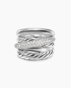 Crossover Five Row Ring Sterling Silver with Diamonds, 17.5mm