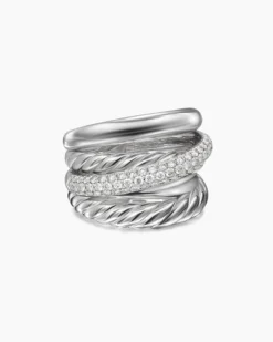 Crossover Five Row Ring Sterling Silver with Diamonds, 17.5mm