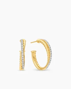 Crossover Hoop Earrings 18K Yellow Gold with Diamonds, 26.5mm