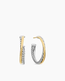 Crossover Hoop Earrings Sterling Silver with 18K Yellow Gold, 26.5mm