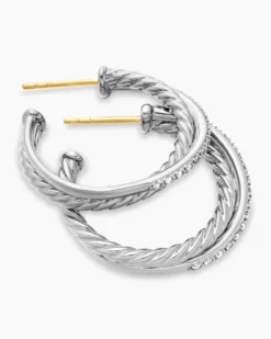 Crossover Hoop Earrings Sterling Silver with Diamonds, 26.5mm
