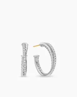 Crossover Hoop Earrings Sterling Silver with Diamonds, 26.5mm