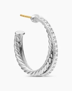 Crossover Hoop Earrings Sterling Silver with Diamonds, 26.5mm
