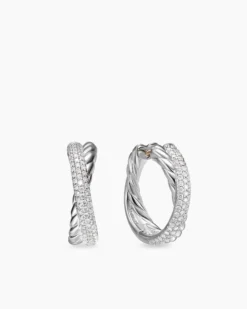 Crossover Hoop Earrings Sterling Silver with Diamonds, 22.3mm
