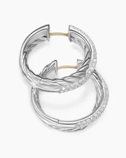 Crossover Hoop Earrings Sterling Silver with Diamonds, 22.3mm