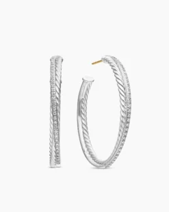 Crossover Hoop Earrings Sterling Silver with Diamonds, 44mm
