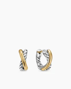 Crossover Huggie Hoop Earrings Sterling Silver with 18K Yellow Gold, 12.4mm