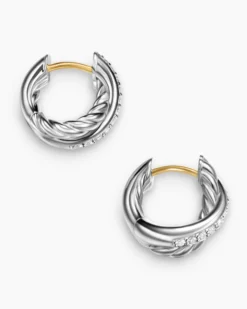 Crossover Huggie Hoop Earrings Sterling Silver with Diamonds, 12.4mm