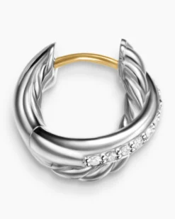 Crossover Huggie Hoop Earrings Sterling Silver with Diamonds, 12.4mm