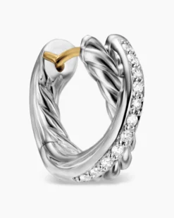Crossover Huggie Hoop Earrings Sterling Silver with Diamonds, 12.4mm