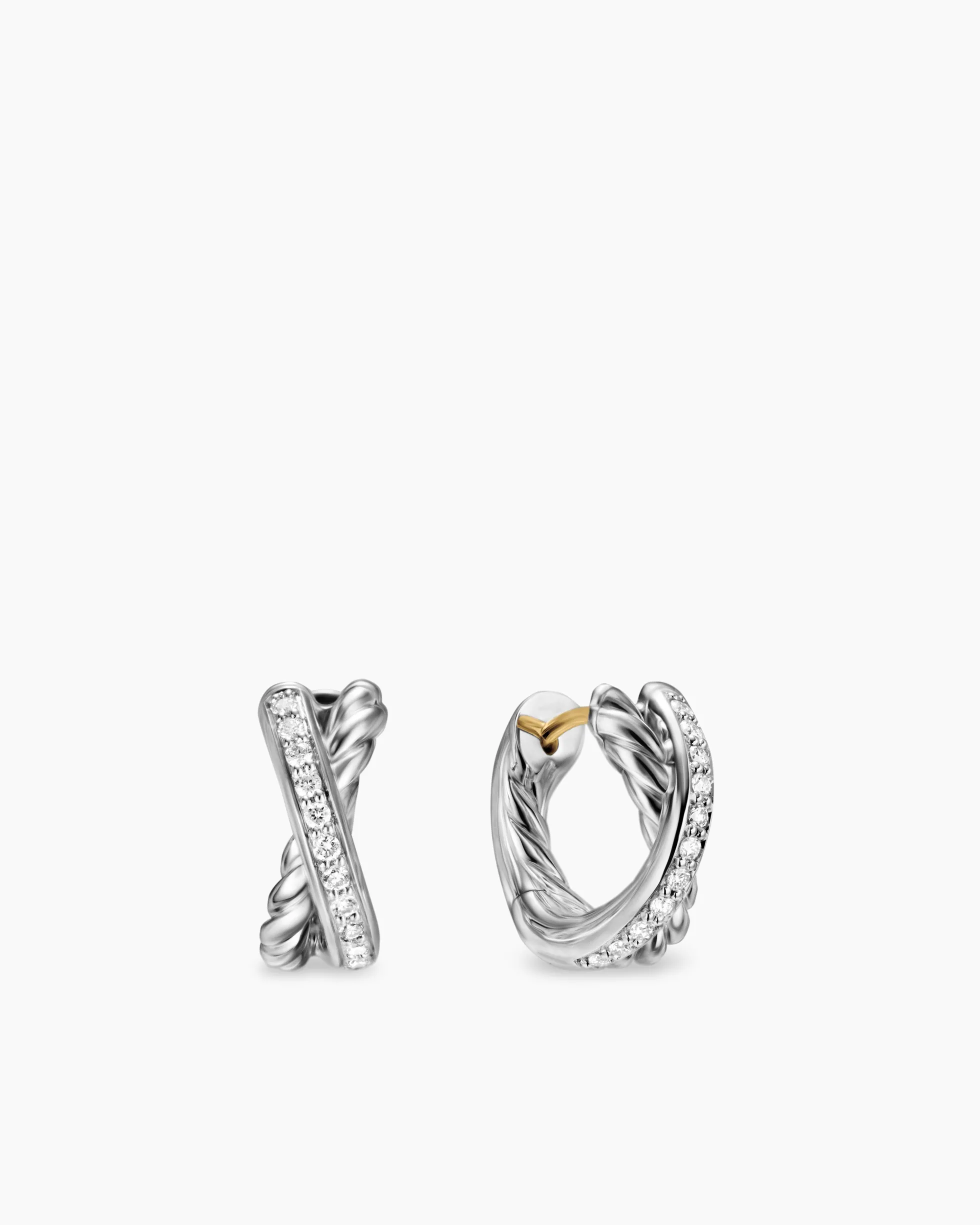 Crossover Huggie Hoop Earrings Sterling Silver with Diamonds, 12.4mm