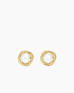 Crossover Infinity Pearl Stud Earrings 18K Yellow Gold with Pearls, 10mm