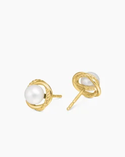 Crossover Infinity Pearl Stud Earrings 18K Yellow Gold with Pearls, 10mm