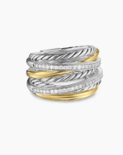 Crossover Seven Row Ring Sterling Silver with 18K Yellow Gold and Diamonds, 16mm