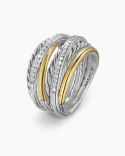 Crossover Seven Row Ring Sterling Silver with 18K Yellow Gold and Diamonds, 16mm