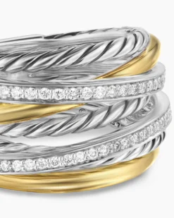 Crossover Seven Row Ring Sterling Silver with 18K Yellow Gold and Diamonds, 16mm