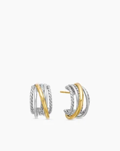Crossover Shrimp Earrings Sterling Silver with 18K Yellow Gold, 19.5mm