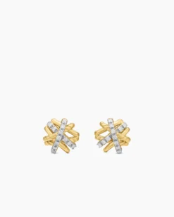Crossover Stud Earrings 18K Yellow Gold with Diamonds, 11mm