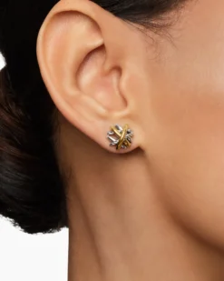 Crossover Stud Earrings Sterling Silver with 18K Yellow Gold, 11mm