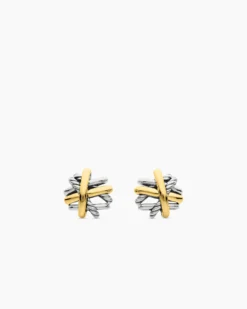 Crossover Stud Earrings Sterling Silver with 18K Yellow Gold, 11mm
