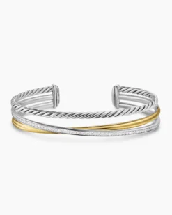 Crossover Three Row Bracelet Sterling Silver with 18K Yellow Gold and Diamonds, 11mm