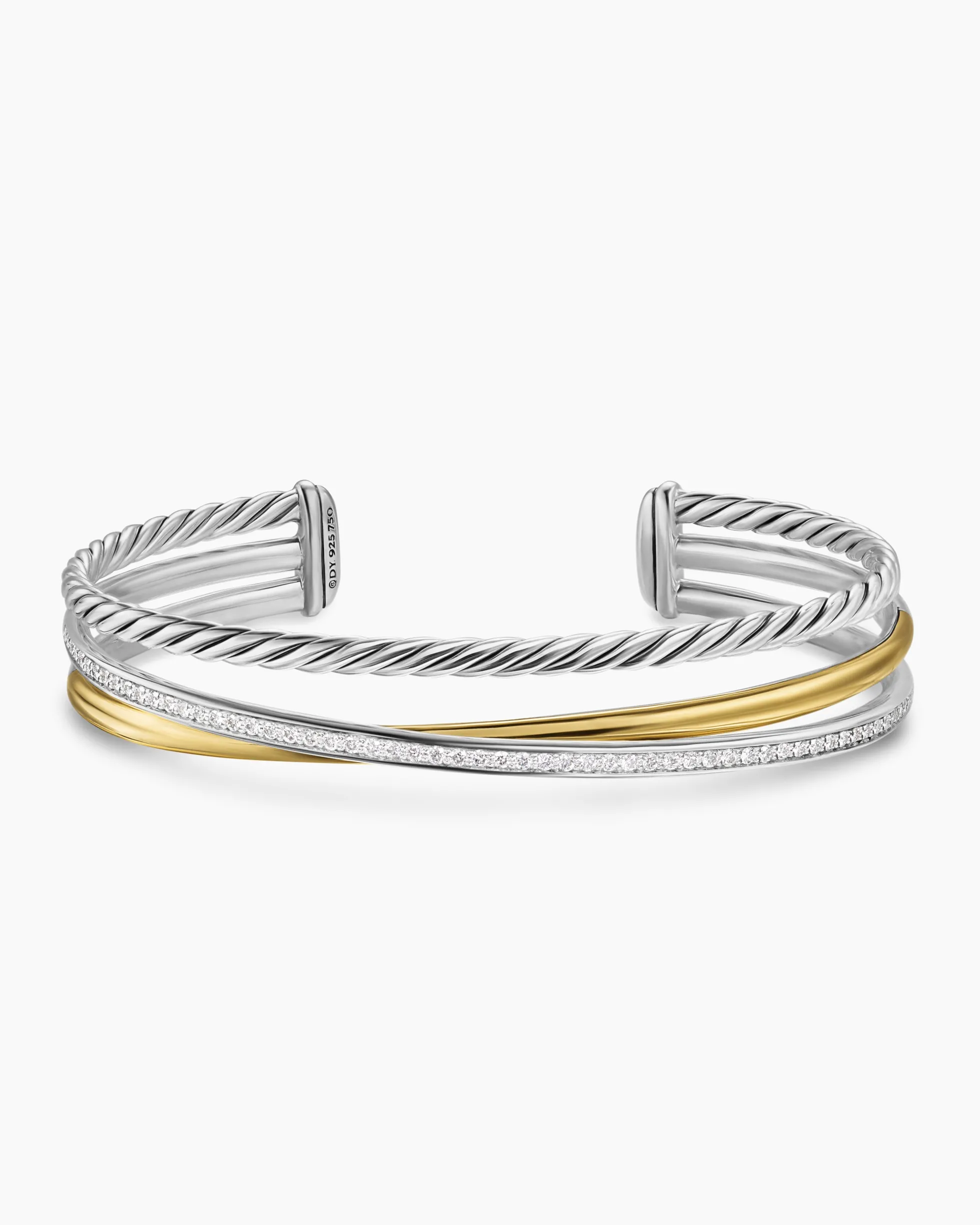 Crossover Three Row Bracelet Sterling Silver with 18K Yellow Gold and Diamonds, 11mm
