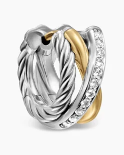 Crossover Three Row Huggie Hoop Earrings Sterling Silver with 18K Yellow Gold, 13mm