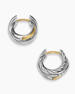 Crossover Three Row Huggie Hoop Earrings Sterling Silver with 18K Yellow Gold, 13mm