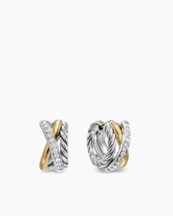 Crossover Three Row Huggie Hoop Earrings Sterling Silver with 18K Yellow Gold, 13mm