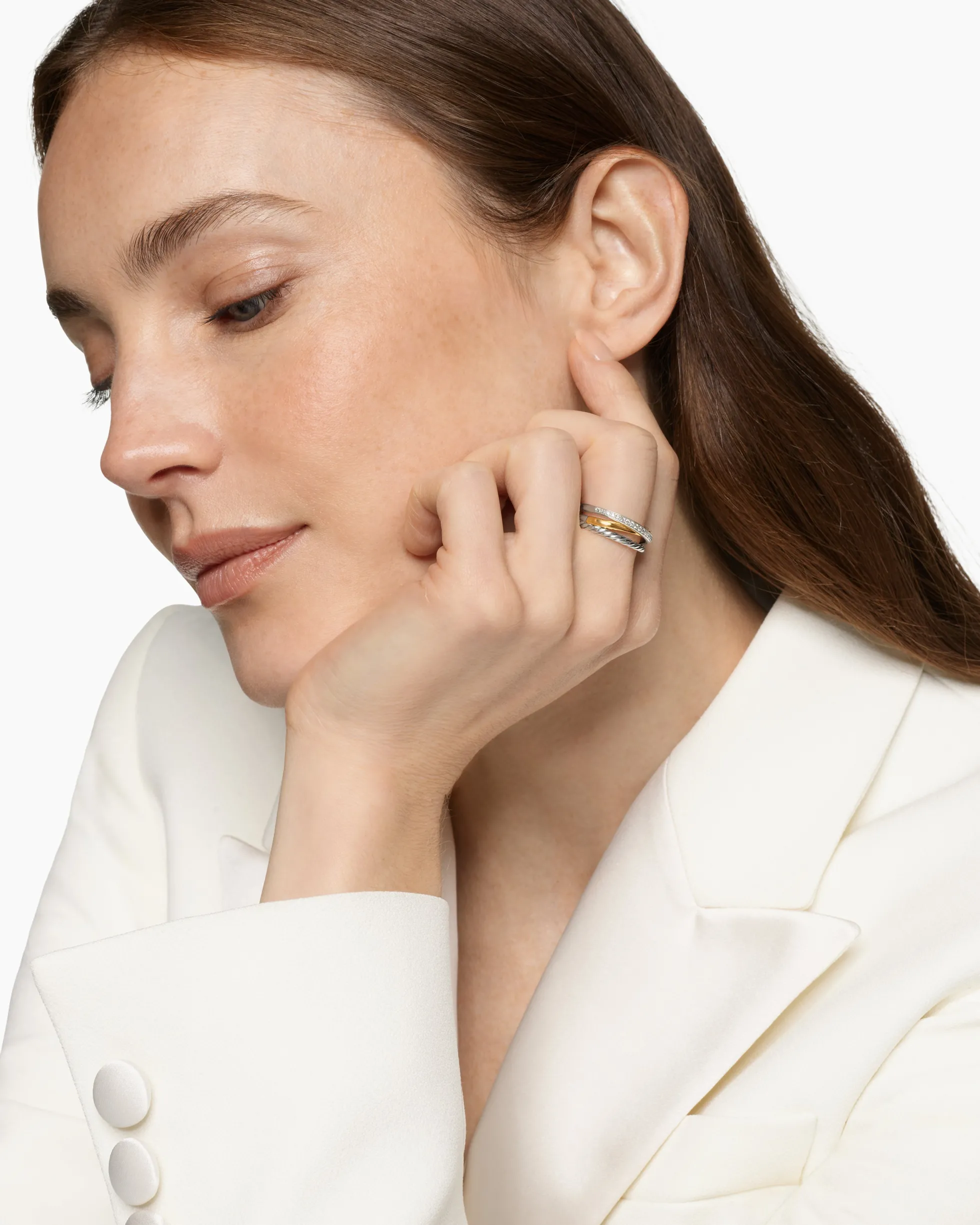 Crossover Three Row Ring Sterling Silver with 18K Yellow Gold and Diamonds, 7mm