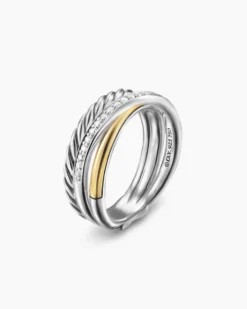 Crossover Three Row Ring Sterling Silver with 18K Yellow Gold and Diamonds, 7mm
