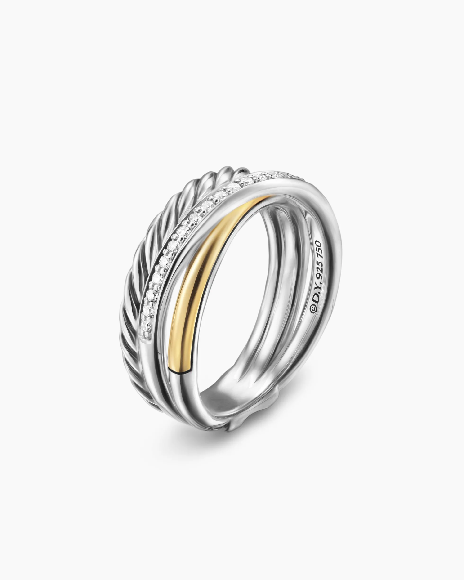 Crossover Three Row Ring Sterling Silver with 18K Yellow Gold and Diamonds, 7mm