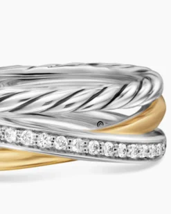 Crossover Three Row Ring Sterling Silver with 18K Yellow Gold and Diamonds, 7mm