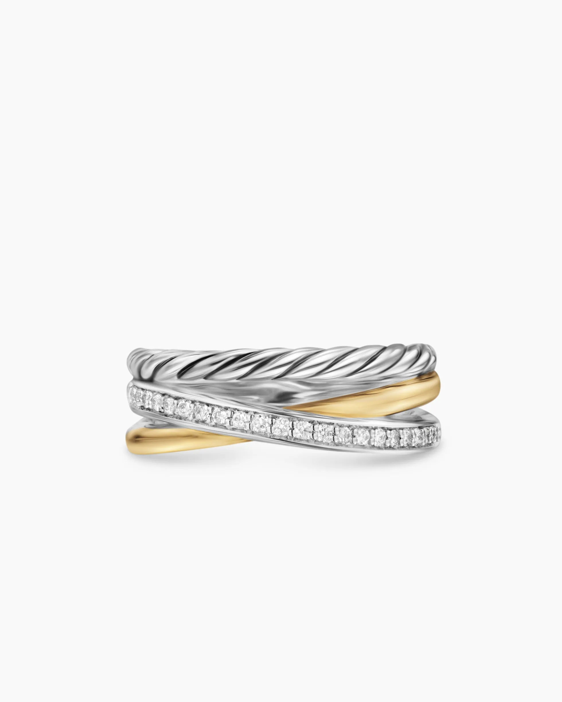 Crossover Three Row Ring Sterling Silver with 18K Yellow Gold and Diamonds, 7mm