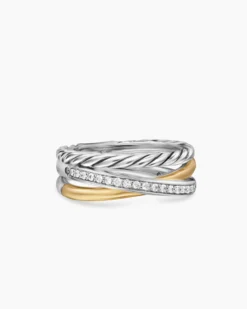 Crossover Three Row Ring Sterling Silver with 18K Yellow Gold and Diamonds, 7mm