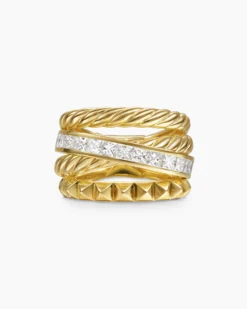 Crossover Trio Four Row Ring 18K Yellow Gold with Diamonds, 15mm