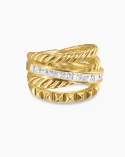 Crossover Trio Four Row Ring 18K Yellow Gold with Diamonds, 15mm