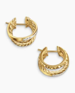 Crossover Trio Multi Row Hoop Earrings 18K Yellow Gold with Diamonds, 18mm