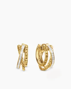 Crossover Trio Multi Row Hoop Earrings 18K Yellow Gold with Diamonds, 18mm