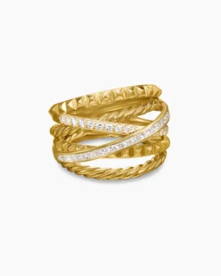 Crossover Trio Six Row Ring 18K Yellow Gold with Diamonds, 17.5mm
