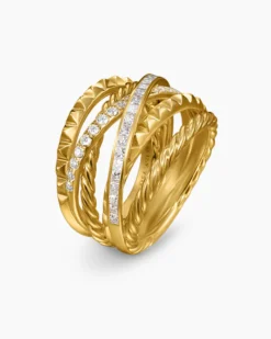 Crossover Trio Six Row Ring 18K Yellow Gold with Diamonds, 17.5mm