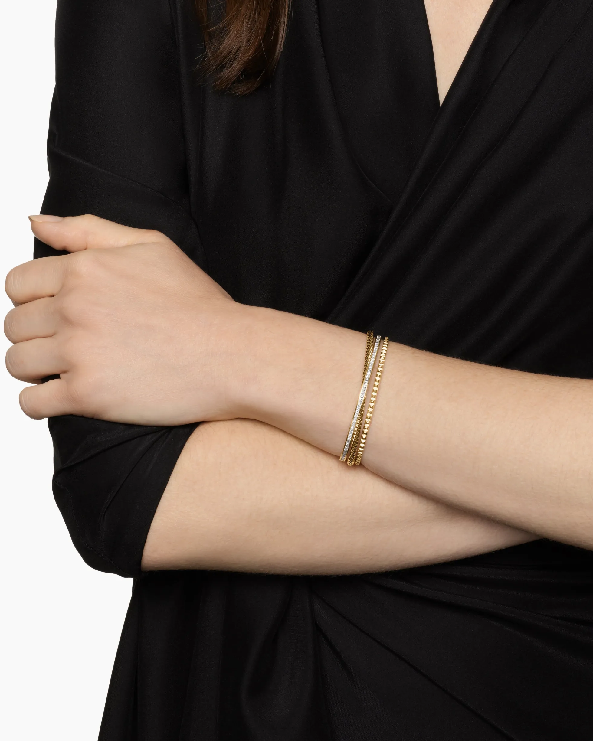 Crossover Trio Three Row Cuff Bracelet 18K Yellow Gold with Diamonds, 11mm