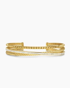 Crossover Trio Three Row Cuff Bracelet 18K Yellow Gold with Diamonds, 11mm