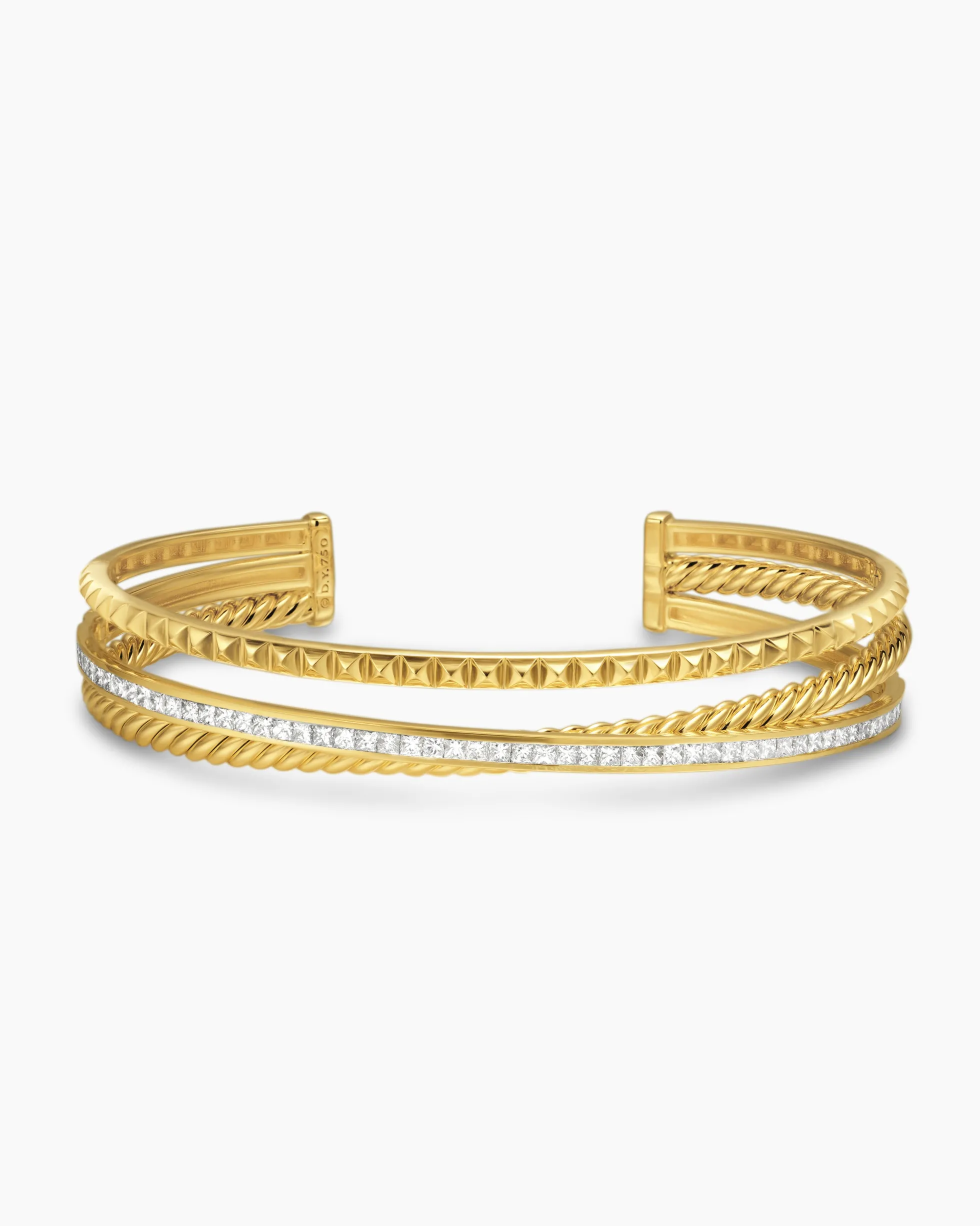 Crossover Trio Three Row Cuff Bracelet 18K Yellow Gold with Diamonds, 11mm