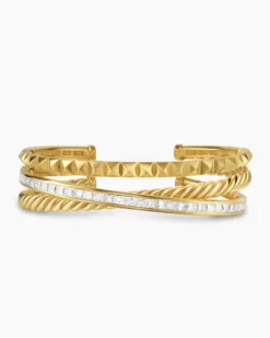 Crossover Trio Three Row Cuff Bracelet 18K Yellow Gold with Diamonds, 20mm