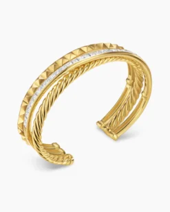 Crossover Trio Three Row Cuff Bracelet 18K Yellow Gold with Diamonds, 20mm